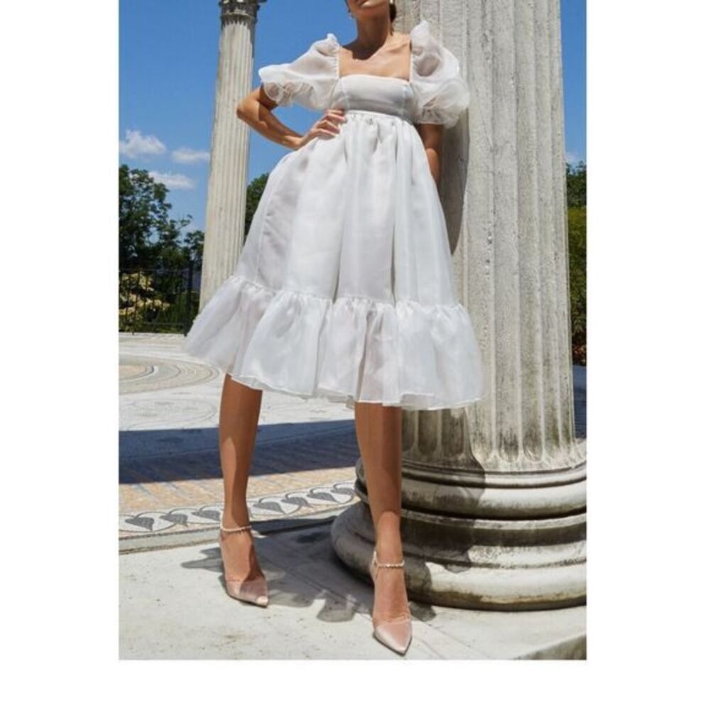 Opt White Puff Sleeve Midi Dress Square Neck Romantic Summer Wedding
